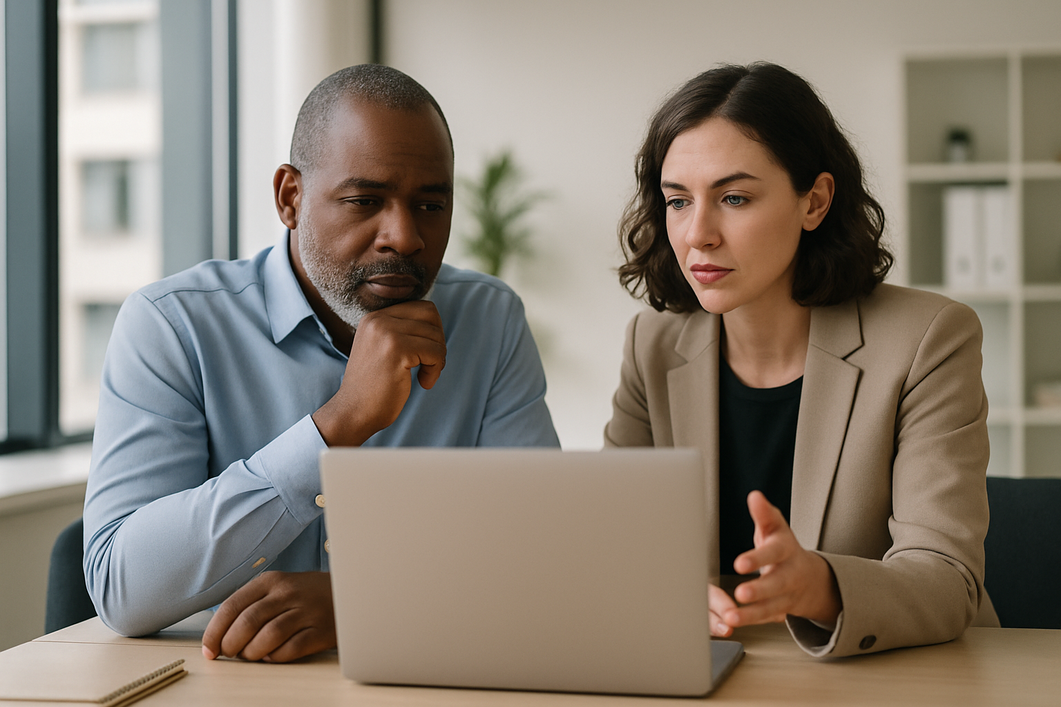 Man and woman looking at a laptop.