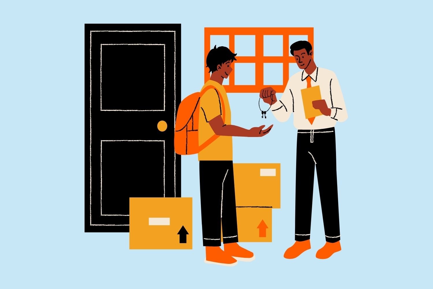 Graphic of property manager giving new tenant keys.